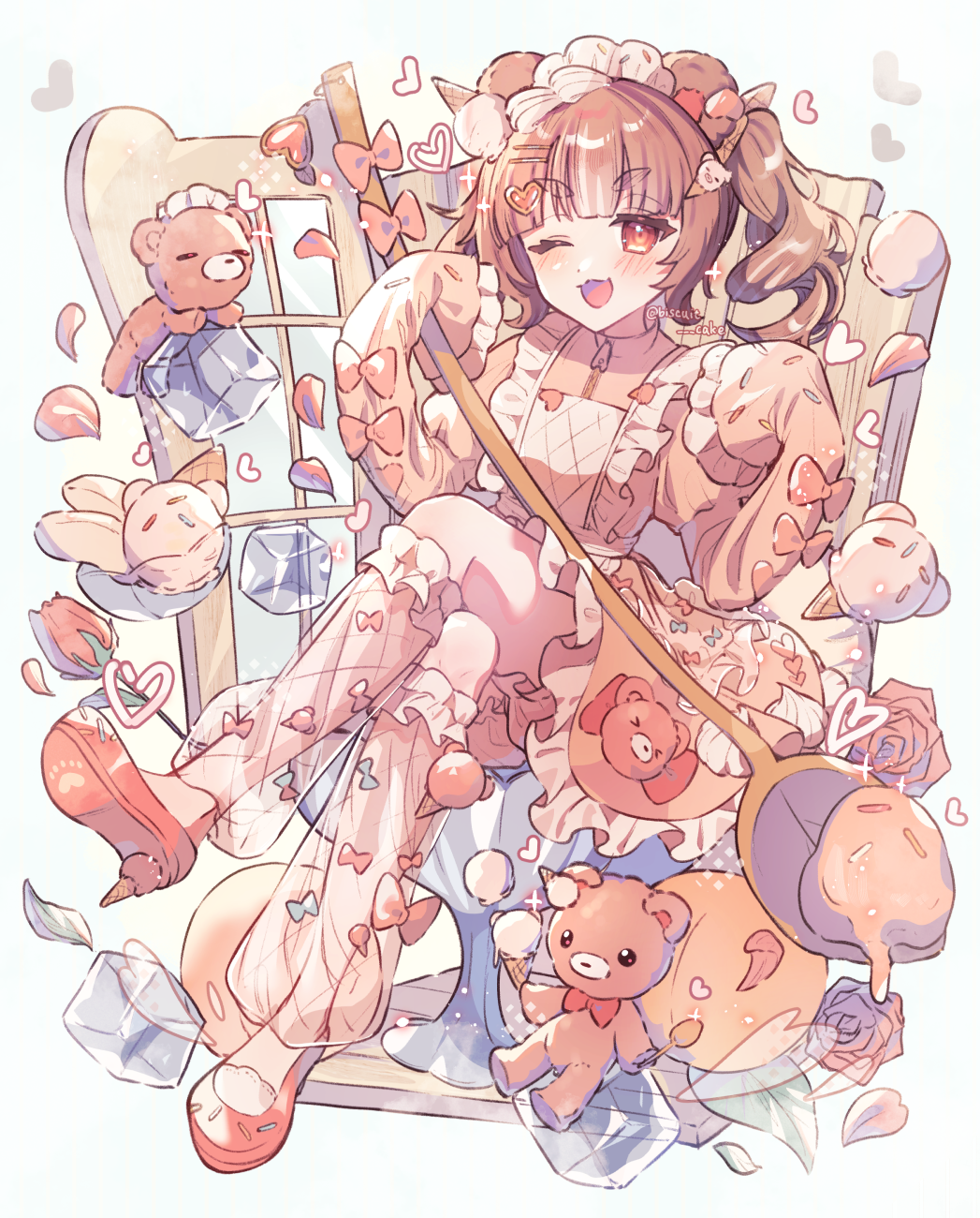 1girl, animal_ears, apron, blunt_bangs, bow, brown_dress, brown_eyes, brown_hair, chair, clothing_request, commentary, dress, floating, floating_object, flower, food, food-themed_hair_ornament, frilled_apron, frilled_dress, frills, from_side, hair_ornament, hairclip, heart, high_heels, highres, holding, holding_spoon, ice, ice_cream, ice_cream_cone, ice_cream_hair_ornament, ice_cube, looking_at_viewer, medium_hair, one_eye_closed, open_mouth, original, paw_print, red_bow, red_flower, red_footwear, red_petals, red_rose, rose, short_twintails, simple_background, sitting, sleeves_past_fingers, sleeves_past_wrists, solo, spoon, stuffed_animal, stuffed_toy, symbol-only_commentary, teddy_bear, thick_eyebrows, tsukumi_bis, twintails, white_apron, white_background, window