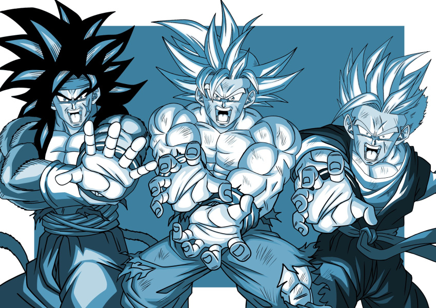 3boys, bardock, bardock_(xeno), biceps, black_hair, blonde_hair, blue_eyes, commentary_request