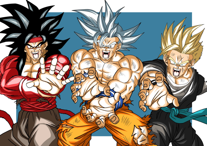 3boys, bardock, bardock_(xeno), biceps, black_hair, blonde_hair, blue_eyes, commentary_request