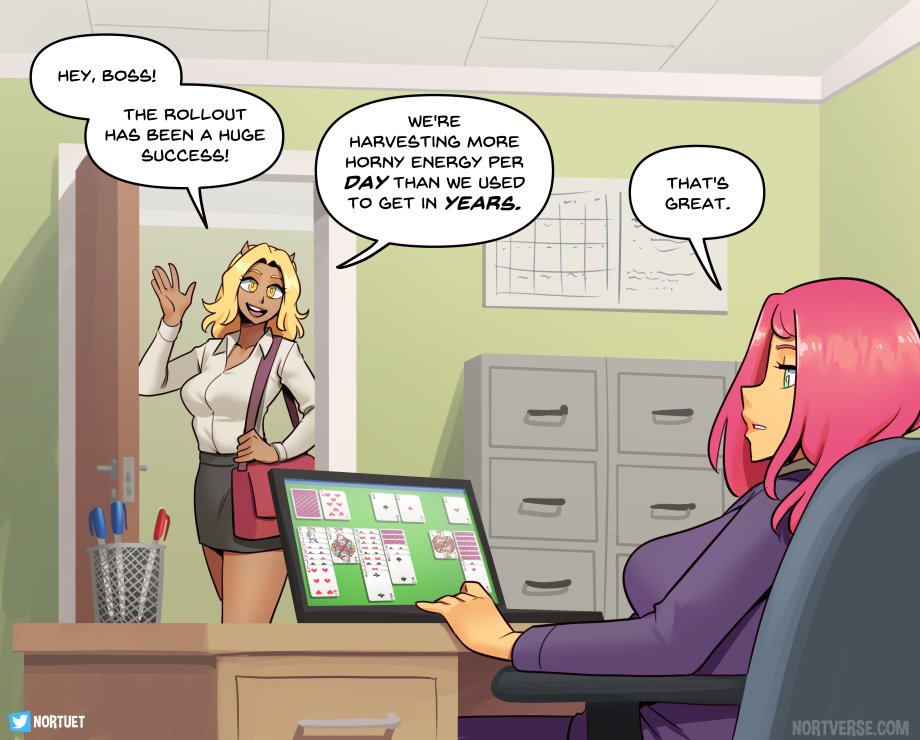 2girls, artist_name, bag, blonde_hair, breasts, chair, computer, demon_horns