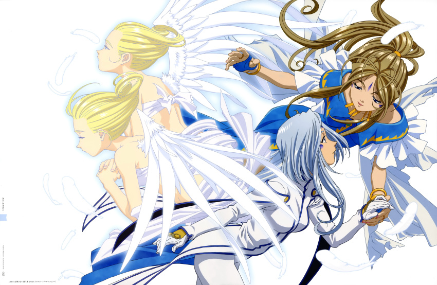 3girls, absurdres, angel, asymmetrical_hair, belldandy, blonde_hair, blue_eyes, blue_hair, bracelet, brown_hair, closed_eyes, cool_mint, eyes_closed, facial_mark, feathers, forehead_mark, gloves, goddess, highres, jewelry, lind, long_hair, matsubara_hidenori, multiple_girls, ponytail, ring, short_hair, single_wing, spear_mint, wings