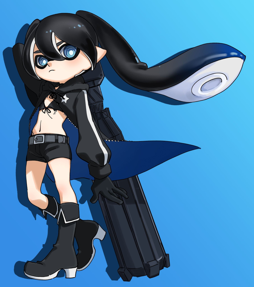 1girl, arm_cannon, belt, bikini, black_coat, black_footwear, black_hair, black_rock_shooter