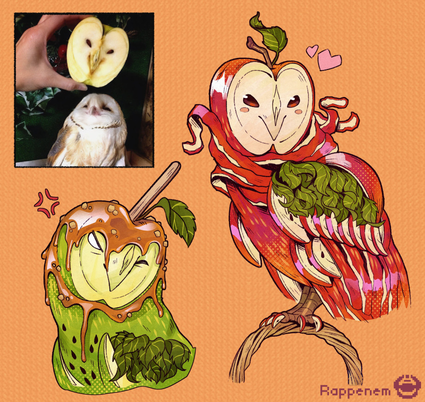 absurdres, anger_vein, animal, apple, apple_slice, barn_owl, bird, blush