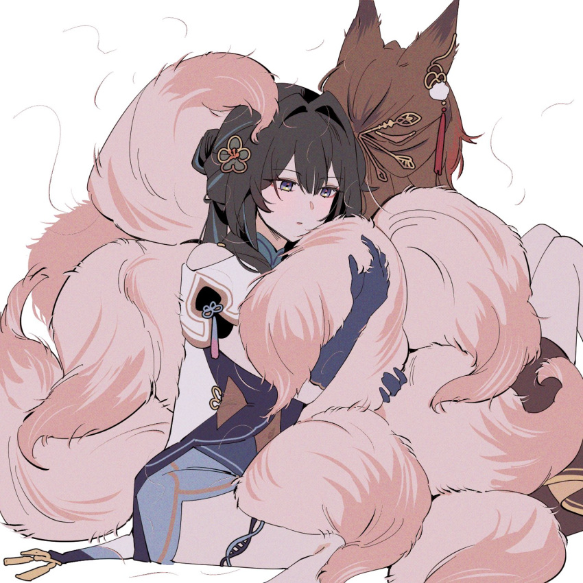 2girls, animal_ears, brown_hair, closed_mouth, commentary_request, d0600059994959, elbow_gloves, fox_ears, fox_girl, fox_tail, fugue_(honkai:_star_rail), gloves, green_eyes, hair_ornament, highres, holding_another's_tail, honkai:_star_rail, honkai_(series), korean_commentary, long_hair, multiple_girls, multiple_tails, ruan_mei_(honkai:_star_rail), tail, tassel, tassel_hair_ornament, tingyun_(honkai:_star_rail)