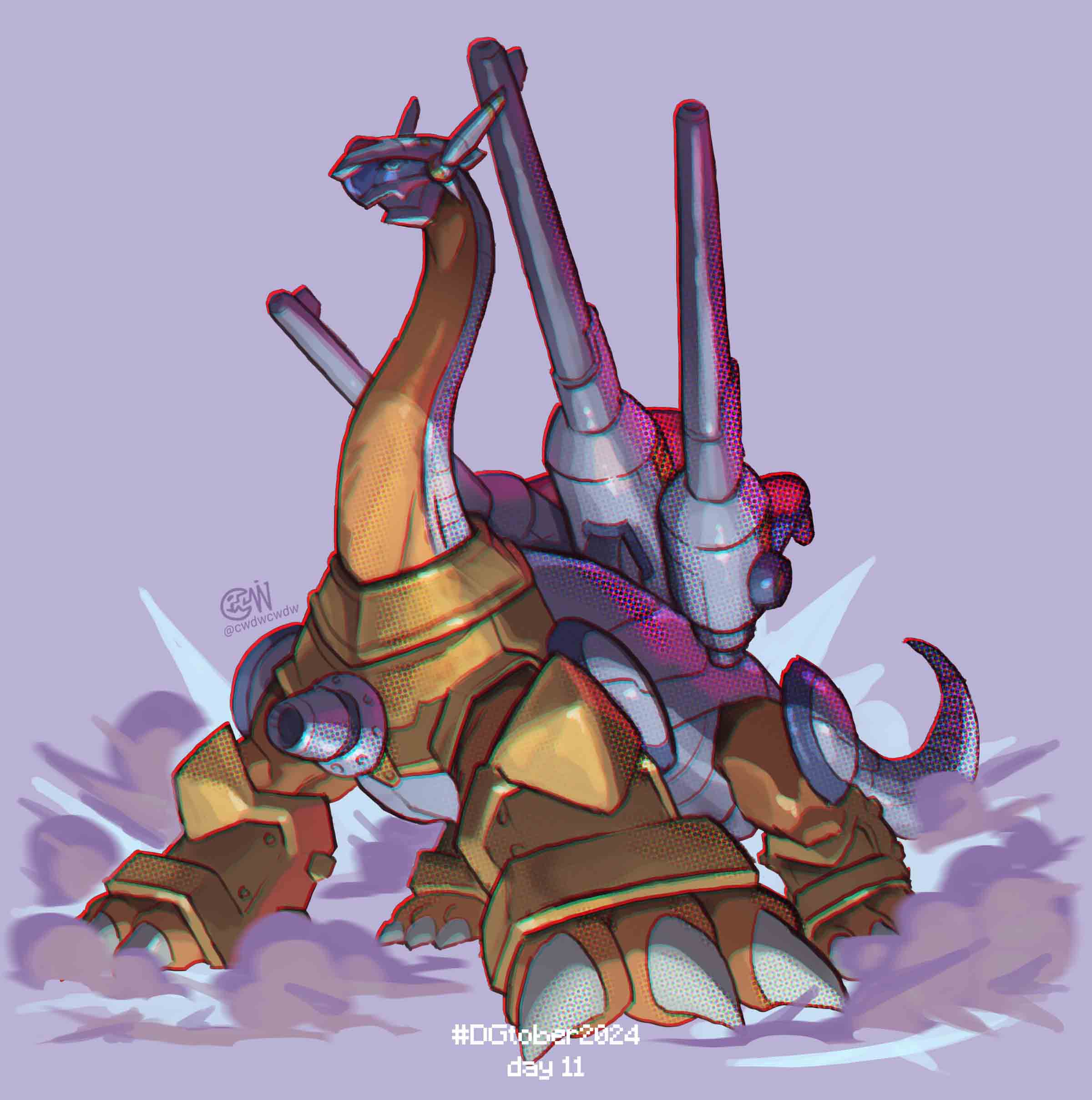 absurdres, all_fours, assault_visor, brachiosaurus, cannondramon, cwdw, cyborg, digimon, digimon_(creature), full_body, grey_background, highres, long_neck, no_humans, shoulder_cannon, simple_background, twitter_username