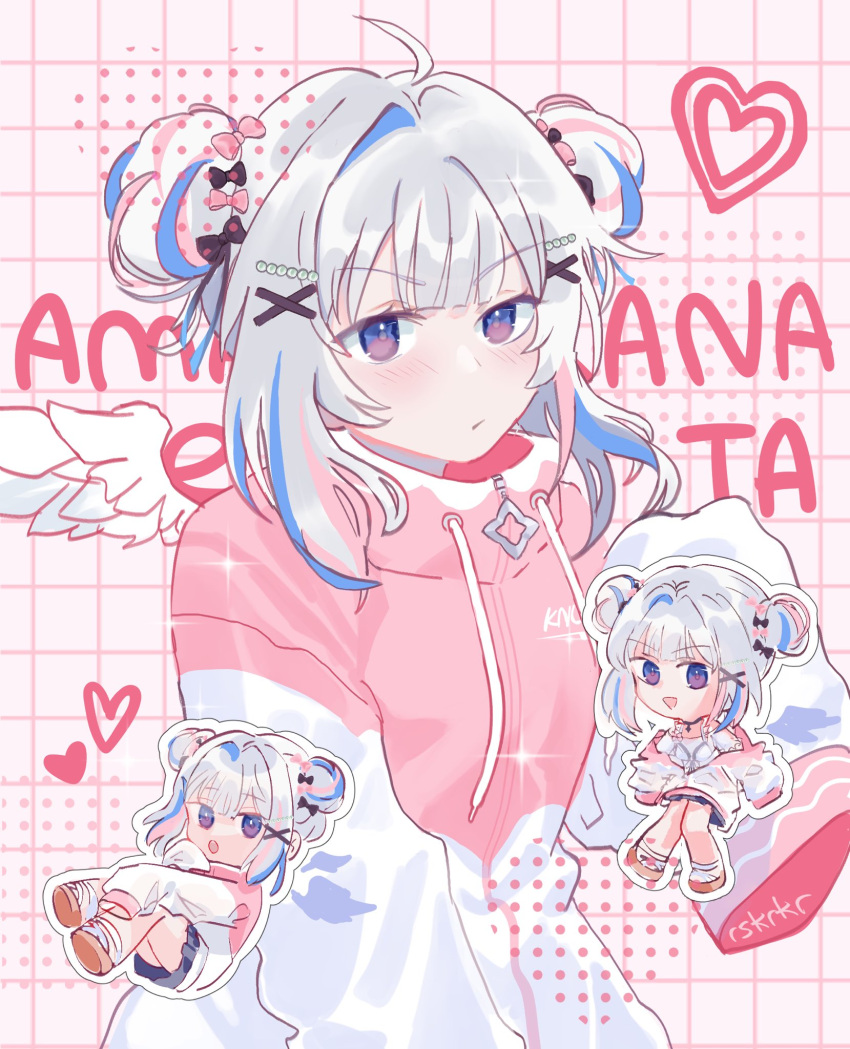 1girl, ahoge, alternate_costume, amane_kanata, amane_kanata_(summer), angel_wings, blue_hair, blush