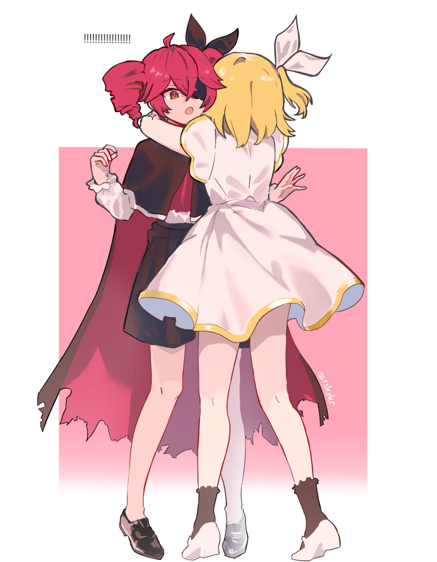 !, !!, 2girls, ahoge, barcode, barcode_tattoo, black_cape, black_shorts, black_skirt, black_socks, blonde_hair, bow, cape, dress, drill_hair, from_behind, full_body, hair_bow, hair_ribbon, highres, hug, kagamine_rin, kasane_teto, long_sleeves, looking_at_another, multiple_girls, one_eye_covered, open_mouth, red_eyes, red_nails, redhead, ribbon, rskrkr, shirt, shoes, short_hair, short_sleeves, shorts, skirt, socks, standing, surprised, tattoo, torn_cape, torn_clothes, twin_drills, twitter_username, utau, vocaloid, white_dress, white_footwear, white_shirt