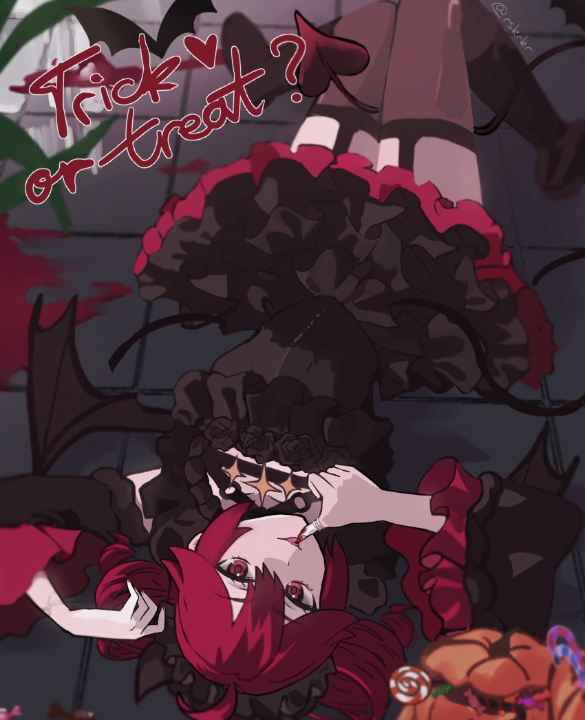 1girl, bat_(animal), black_dress, black_thighhighs, candy, demon_tail, demon_wings, detached_sleeves