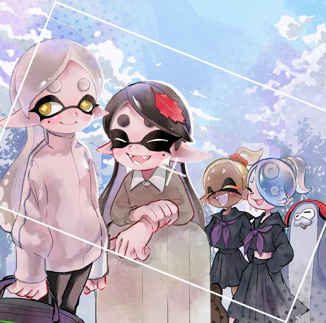 4girls, aged_down, atataka_soranko, big_man_(splatoon), briefcase, callie_(splatoon), closed_eyes, dark-skinned_female