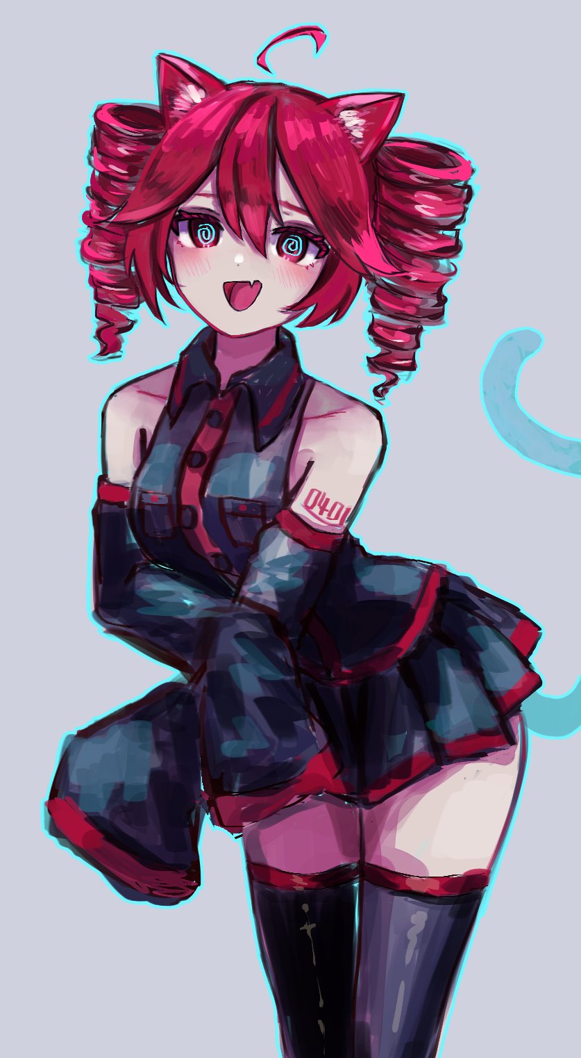 1girl, @_@, ahoge, animal_ear_fluff, animal_ears, bare_shoulders, black_shirt, black_skirt