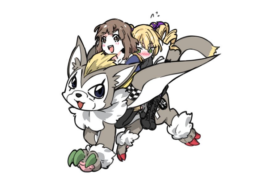 2girls, black_footwear, blonde_hair, blush, body_fur, boots, breasts, brown_hair, cat, chibi, digimon, digimon_card_game, digimon_liberator, digua92537359, drill_hair, full_body, green_eyes, grey_fur, long_hair, multiple_girls, riding, simple_background, tobucatmon, twin_drills, white_background
