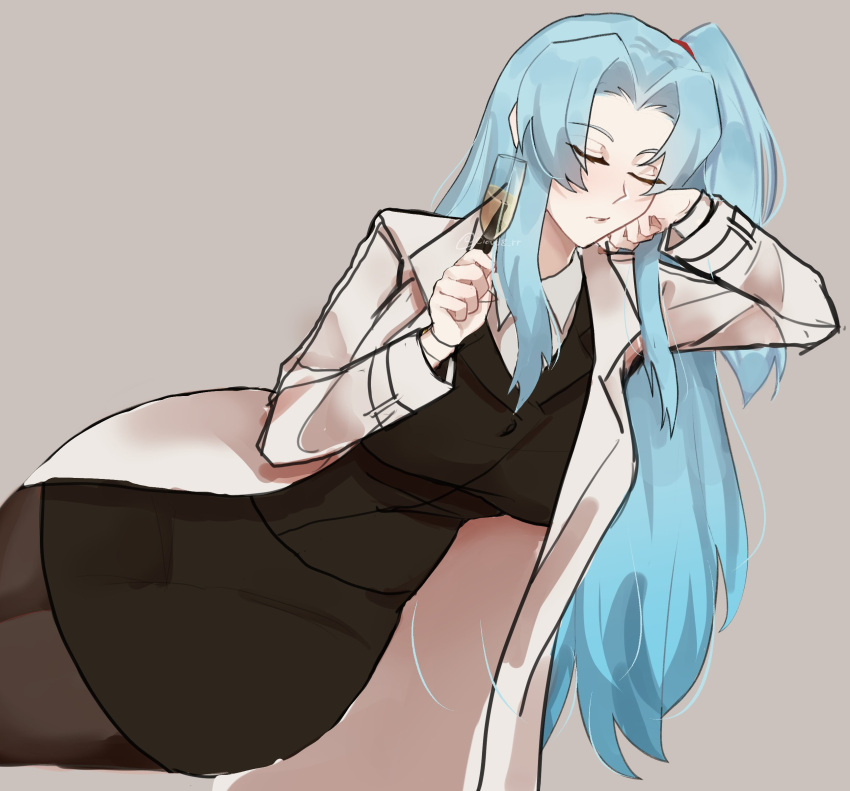 absurdres, angela_(project_moon), blue_hair, breasts, closed_eyes, cloud8_rr, highres, lab_coat, large_breasts, library_of_ruina, lobotomy_corporation, long_hair, pantyhose, project_moon, side_ponytail, suit