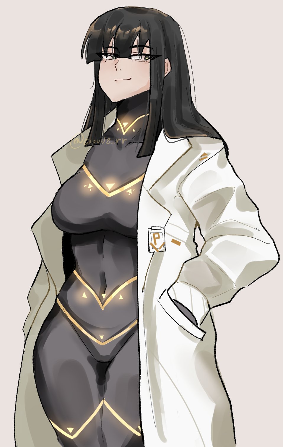 1girl, black_hair, bodysuit, cesara_(project_moon), cloud8_rr, green_eyes, highres, lab_coat, limbus_company, project_moon, skin_tight, turtleneck, turtleneck_bodysuit, white_background