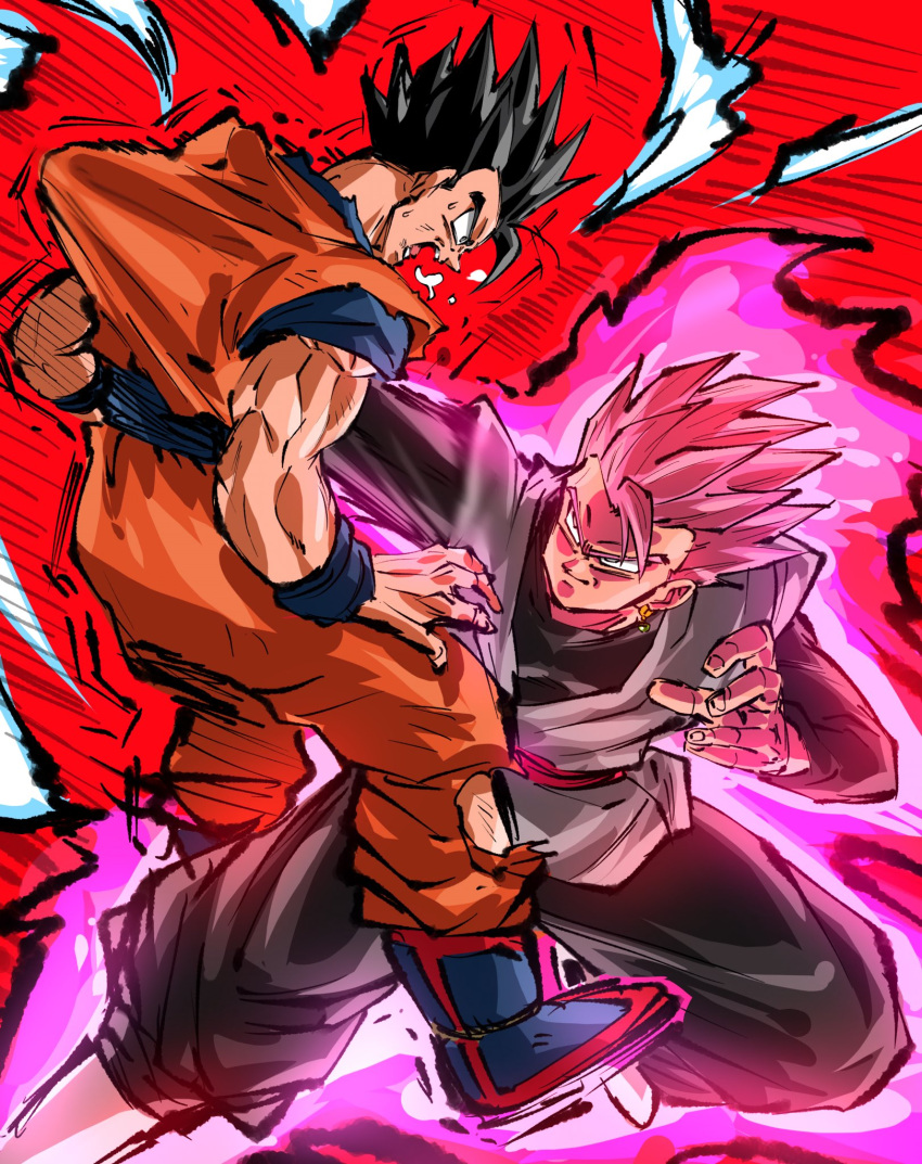 2boys, aura, battle, black_hair, black_pants, black_shirt, blue_sash, blue_shirt