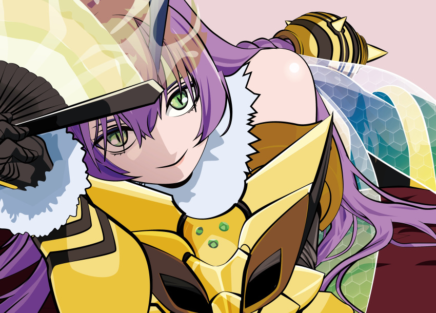 1girl, absurdres, bare_shoulders, digimon, digimon_(creature), green_eyes, hand_fan, highres