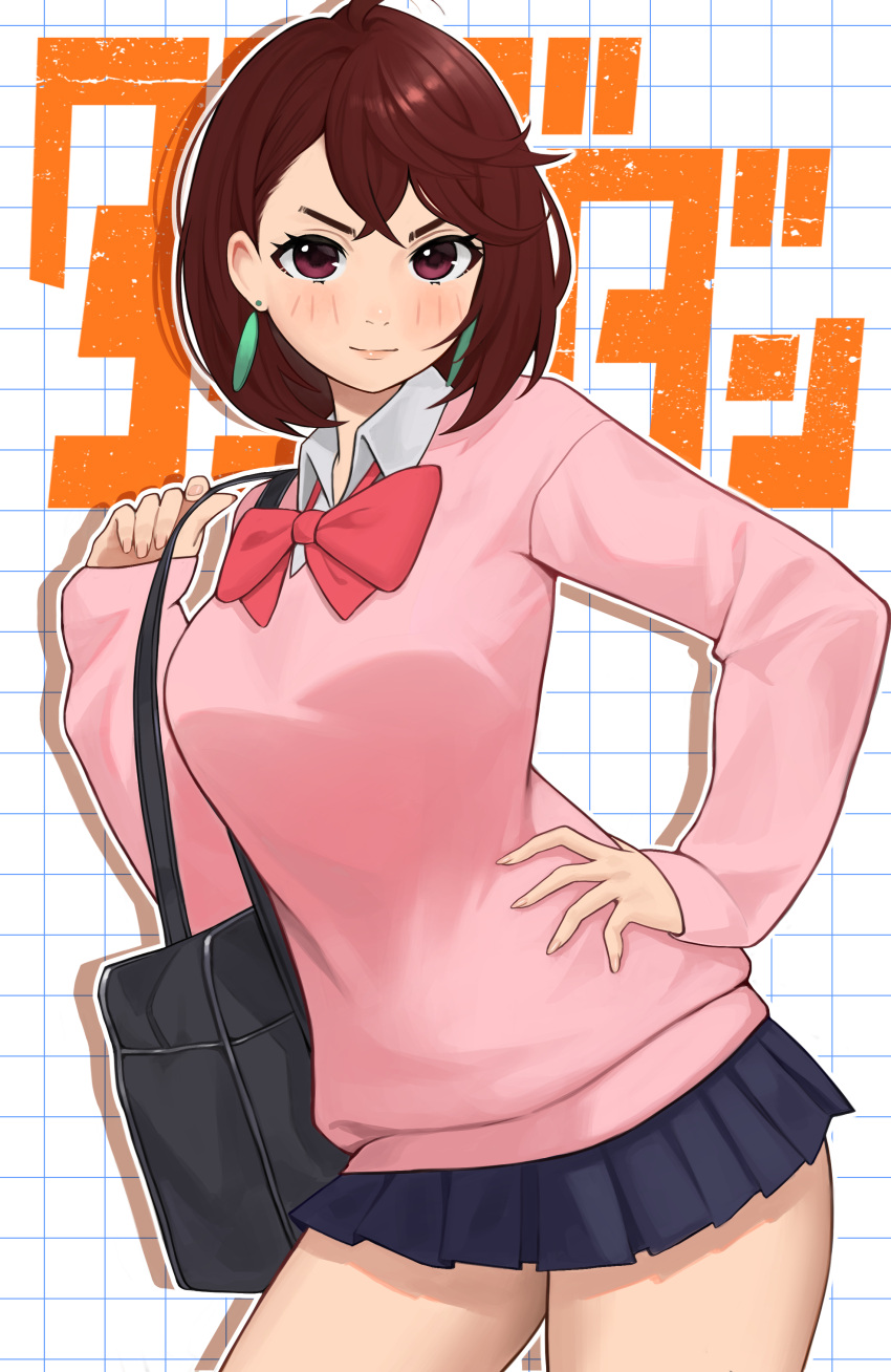 1girl, absurdres, ayase_momo, bag, blue_skirt, blush, bow, bowtie, breasts, brown_eyes, brown_hair, checkered_background, closed_mouth, collared_shirt, copyright_name, cowboy_shot, dandadan, dang_geun23283, earrings, hair_behind_ear, hand_on_own_hip, hashtag-only_commentary, highres, jewelry, long_sleeves, looking_at_viewer, loose_bowtie, medium_breasts, miniskirt, pink_sweater, pleated_skirt, red_bow, red_bowtie, shirt, short_hair, shoulder_bag, skirt, solo, sweater, white_shirt