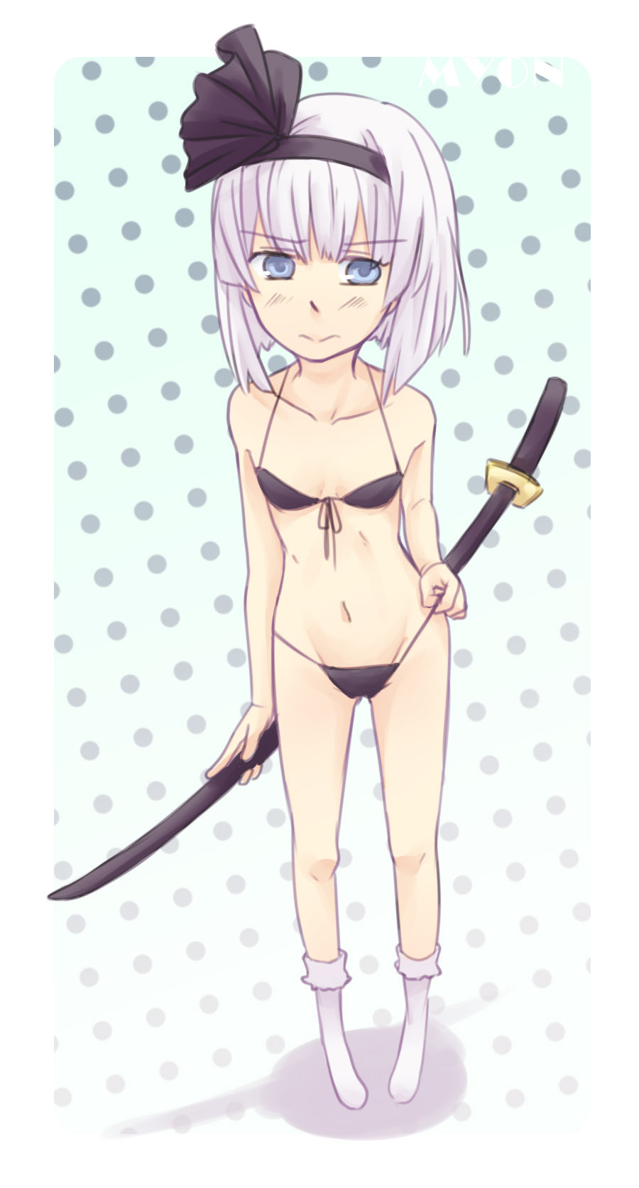 bikini, blue_eyes, footwear, highres, katana, konpaku_youmu, maiki_(artist), scabbard