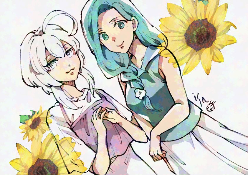 2girls, :3, ahoge, aqua_eyes, aqua_hair, aqua_shirt, artist_name, braid