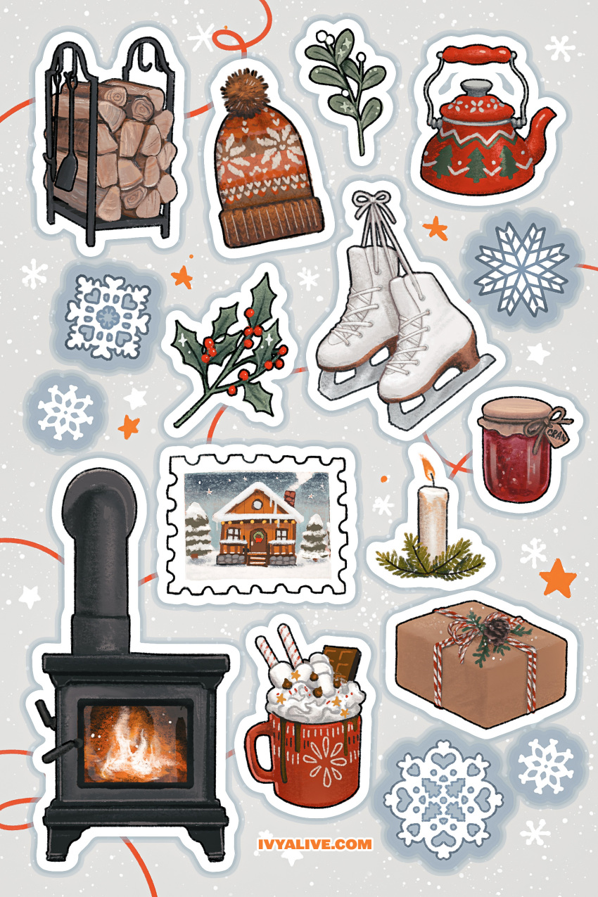 absurdres, beanie, berry, box, cabin, candle, chocolate, commentary