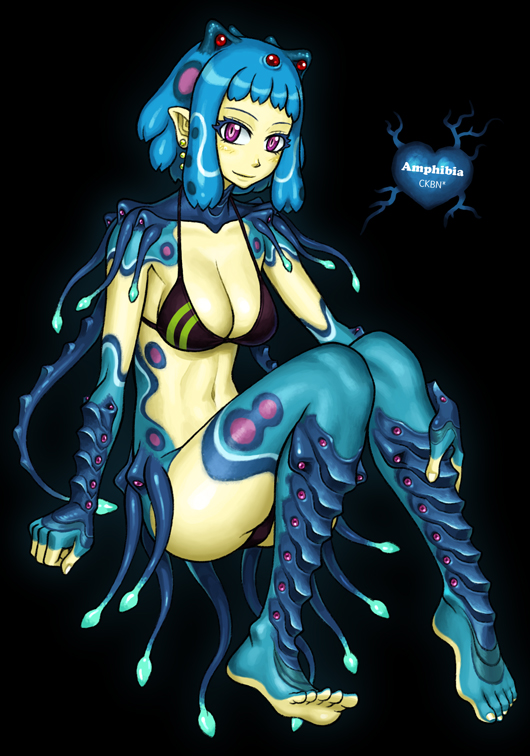 bikini, blue_hair, breasts, cleavage, feet, monster_girl, original, pointy_ears