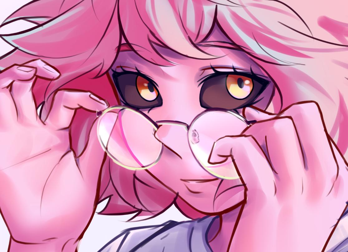 1girl, adjusting_eyewear, ashido_mina, black_sclera, boku_no_hero_academia, colored_sclera, colored_skin, glasses, hands_up, hhholic, horns, looking_at_viewer, pink_hair, pink_skin, round_eyewear, short_hair, smile, solo, yellow_eyes