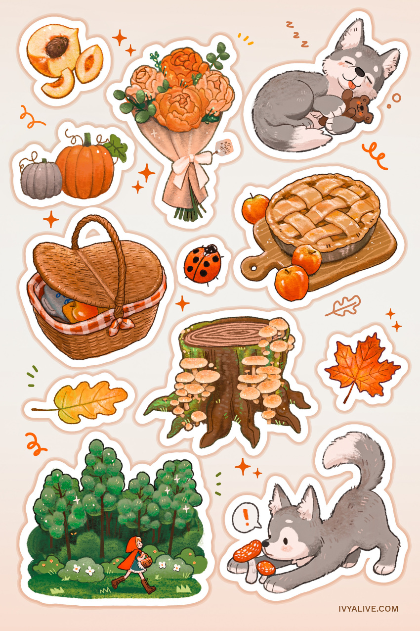 !, 1girl, absurdres, animal, apple, apple_pie, basket, bouquet