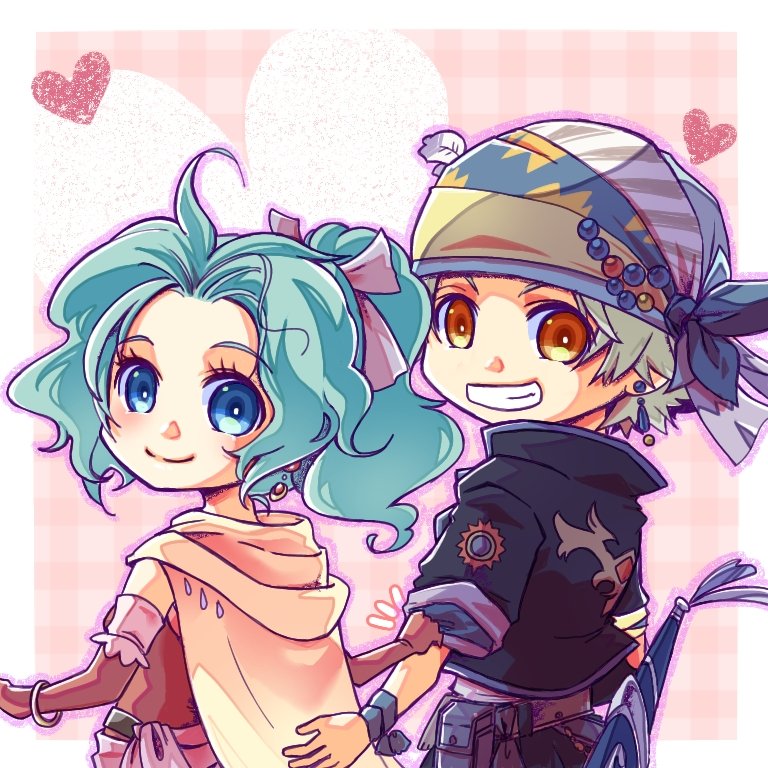 1boy, 1girl, ayana_(iqaw5cfohvdtver), bandana, black_jacket, blue_eyes, border, bracelet