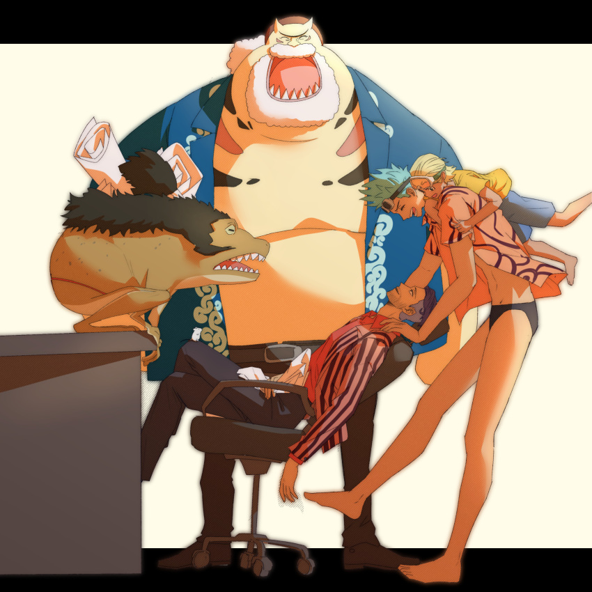 4boys, absurdres, beard, blonde_hair, blue_shirt, facial_hair, fish_boy, franky_(one_piece)