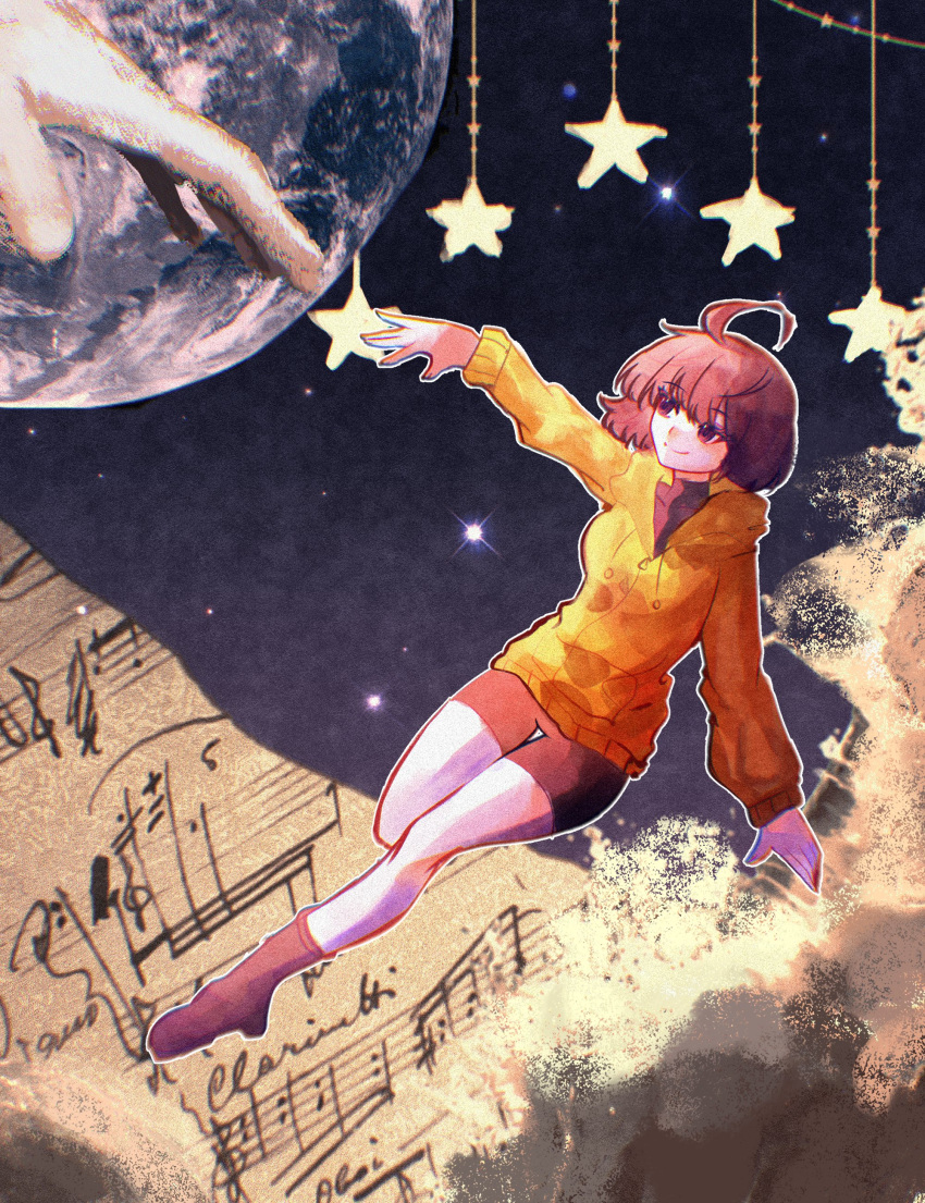 1girl, 1other, abstract_background, absurdres, ahoge, bike_shorts, boots, brown_eyes