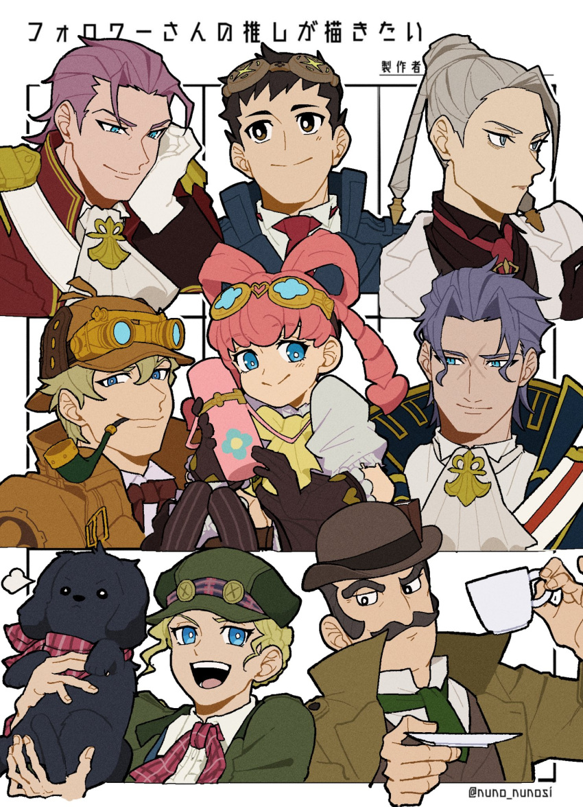 3girls, 5boys, ace_attorney, animal, ascot, barok_van_zieks, black_gloves, black_hair