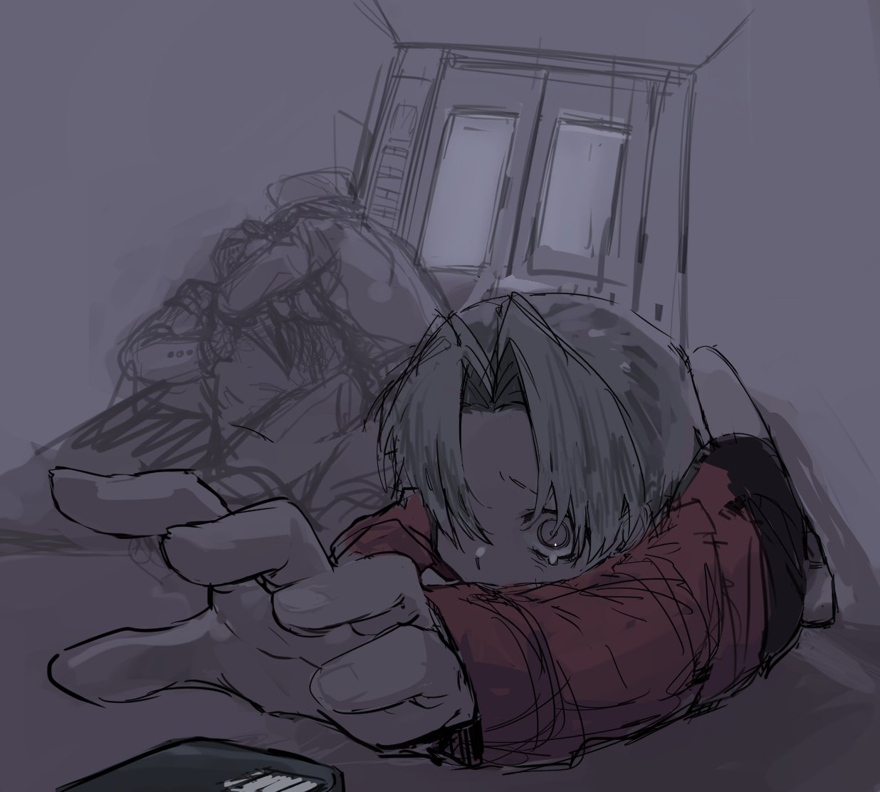 3boys, ace_attorney, aged_down, black_shorts, child, dark, elevator, elevator_door