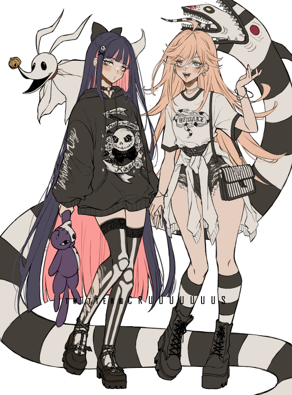 2girls, bag, beetlejuice, blonde_hair, blunt_bangs, blush, boots, choker, choppy_bangs, criis-chan, full_body, handbag, light_blush, long_hair, multiple_girls, o-ring, panty_&amp;_stocking_with_garterbelt, panty_(psg), stocking_(psg), thigh-highs, twitter_username, white_background
