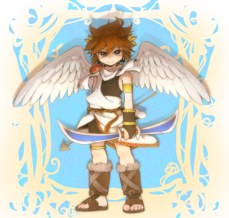 1boy, angel, angel_wings, black_undershirt, blue_eyes, bow_(weapon), brown_hair, full_body