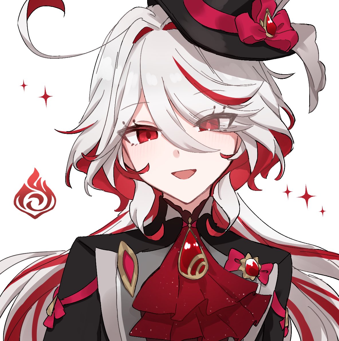 1girl, :d, ahoge, alternate_color, alternate_eye_color, alternate_hair_color, ascot, black_hat