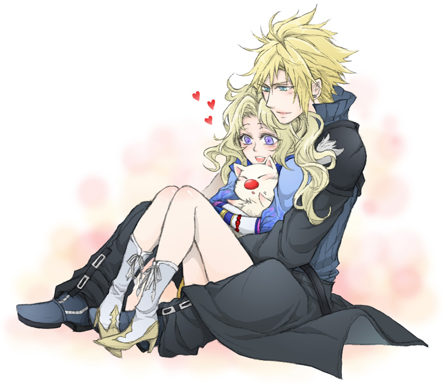 1boy, 1girl, blonde_hair, boots, cloud_strife, couple, dissidia_012_final_fantasy, dissidia_final_fantasy
