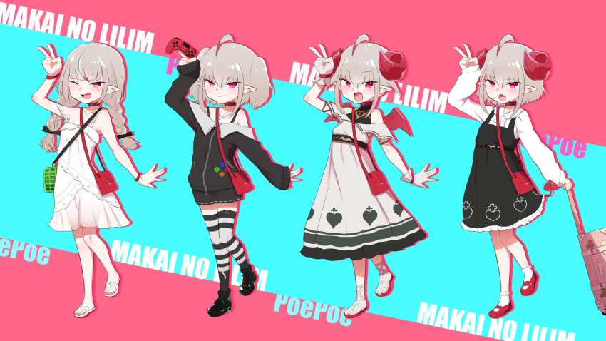 1girl, ahoge, bag, bobby_socks, boots, braid, controller, curled_horns