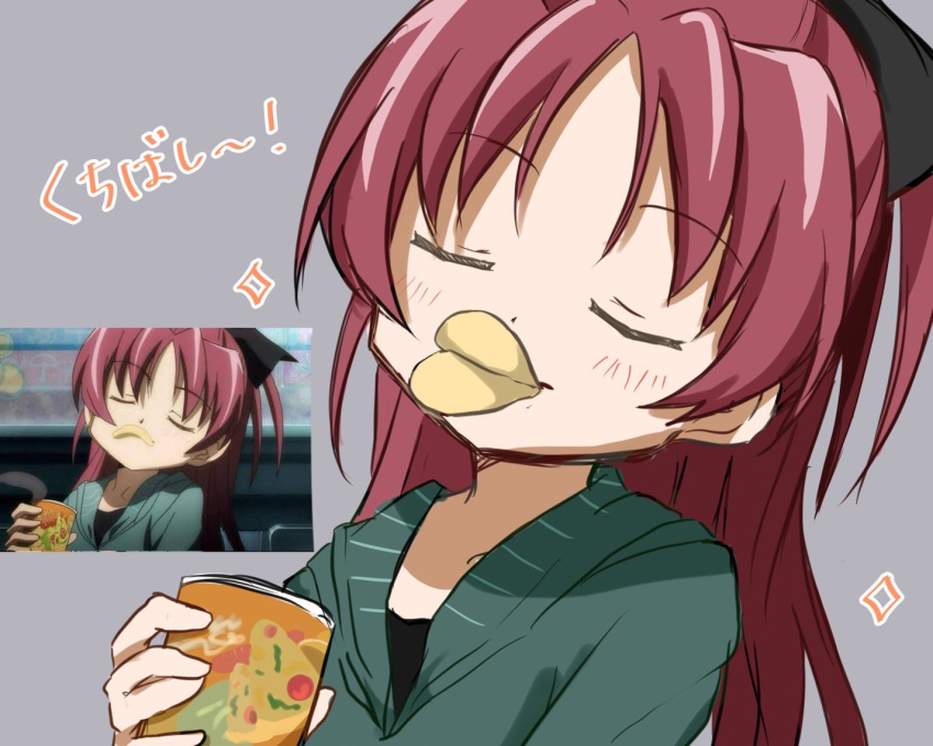 1girl, bow, can, chips_(food), closed_eyes, food, food_in_mouth, grey_background