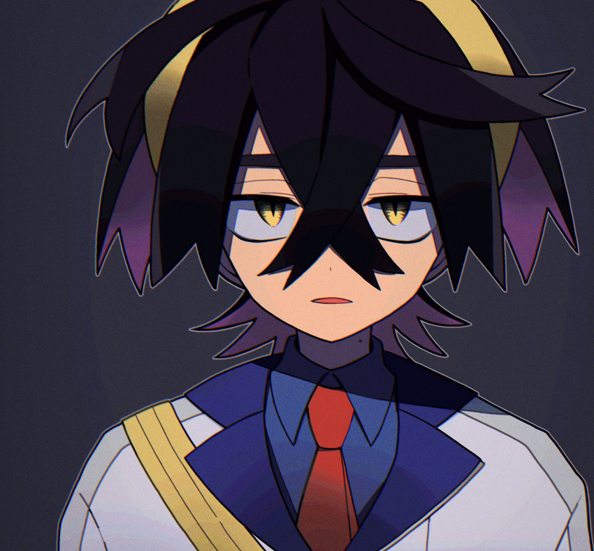 1boy, black_hair, blue_shirt, brown_eyes, collared_shirt, colored_inner_hair, hair_between_eyes, highres