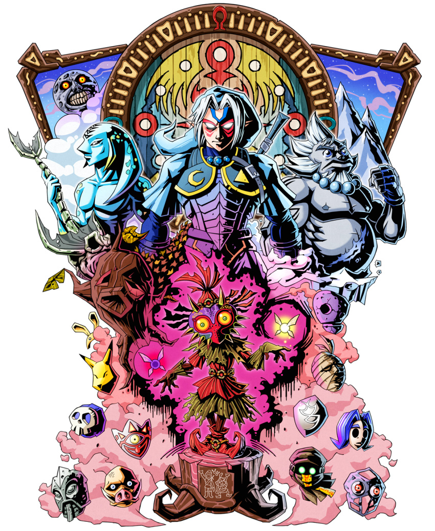 blue_eyes, blue_gemstone, chest_jewel, clenched_hand, commentary, crescent, crescent_print, dark_persona