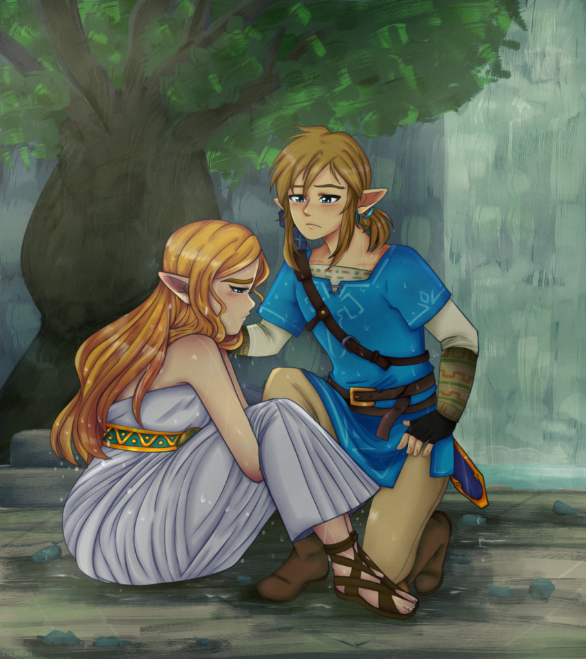 1boy, 1girl, bare_shoulders, blonde_hair, blue_eyes, brown_footwear, comforting, commentary, dress, english_commentary, fingerless_gloves, frown, gloves, highres, kneeling, link, long_hair, looking_at_another, nintendo, outdoors, princess_zelda, rain, sad, sandals, short_hair, silentteal, sitting, the_legend_of_zelda, the_legend_of_zelda:_breath_of_the_wild, toeless_footwear, tree, tunic, water_drop, wet