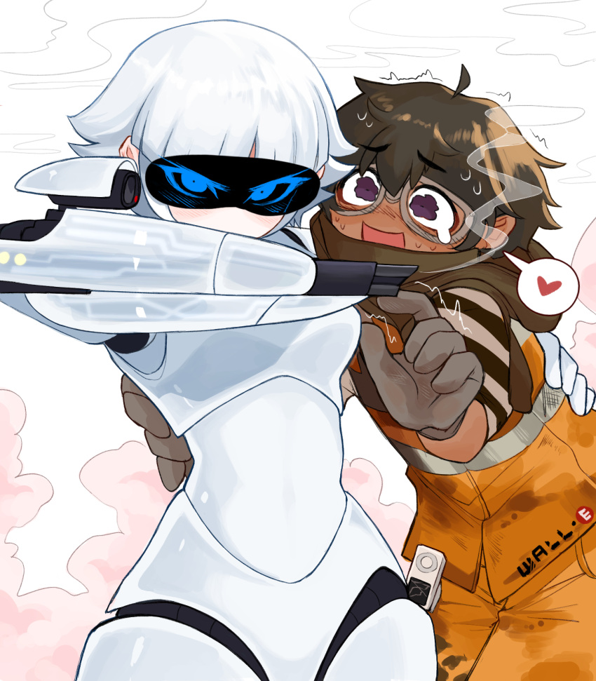 1boy, 1girl, :d, ahoge, arm_behind_back, arm_cannon, arm_up, armor, black_eyes, blue_eyes, blush, body_armor, breasts, brown_cloak, brown_gloves, brown_hair, cloak, commentary_request, copyright_name, couple, covered_mouth, cropped_legs, crying, crying_with_eyes_open, despair_sauce, dirty, dirty_clothes, english_commentary, eve_(wall-e), gloves, goggles, high-visibility_clothing, high-visibility_vest, highres, leaning_forward, looking_at_another, looking_at_viewer, medium_breasts, mixed-language_commentary, nose_blush, orange_pants, orange_shirt, pale_skin, pants, personification, scope, screen, shaking, shirt, smile, smoke, standing, striped_clothes, striped_shirt, sweat, sweatdrop, tears, vertical-striped_clothes, vertical-striped_shirt, wall-e, wall-e_(character), weapon, white_armor, white_gloves, white_hair