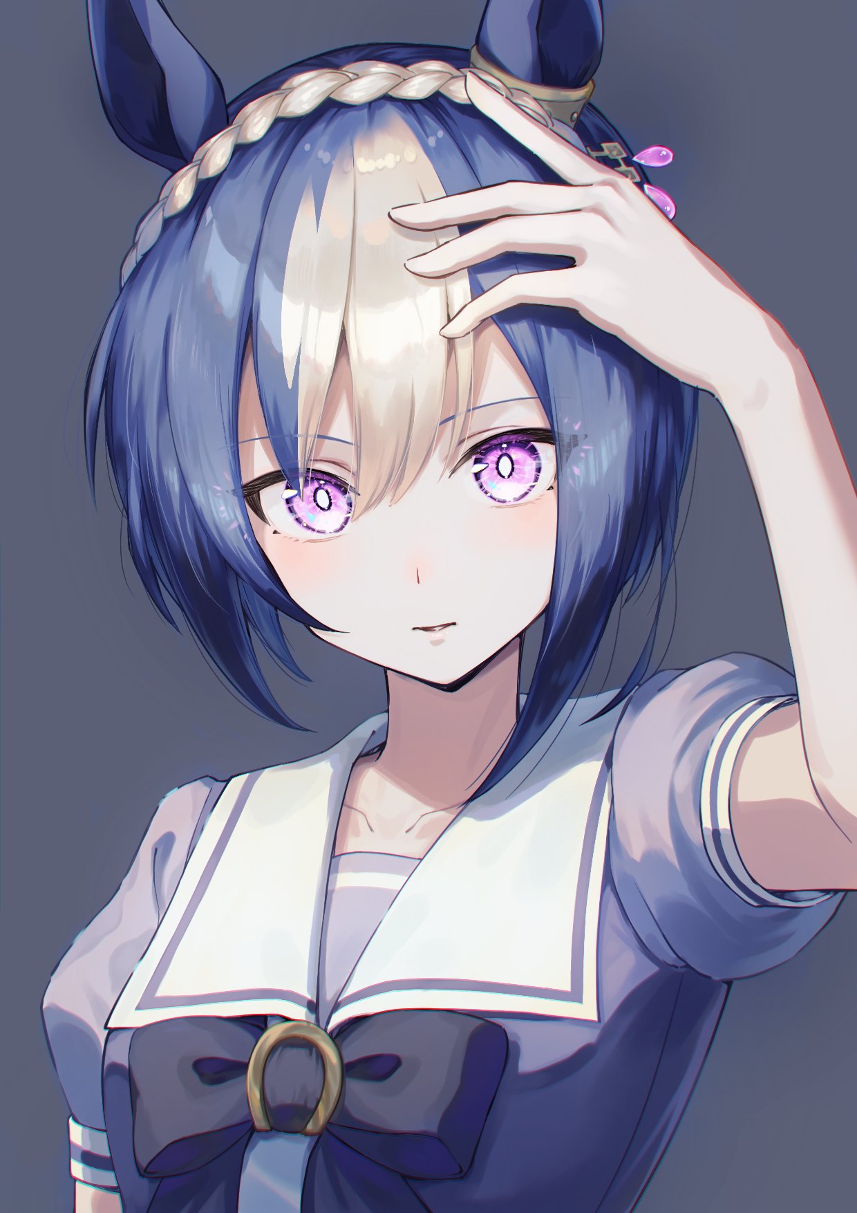 1girl, animal_ears, arm_at_side, blue_hair, bow, bowtie, braid, breasts