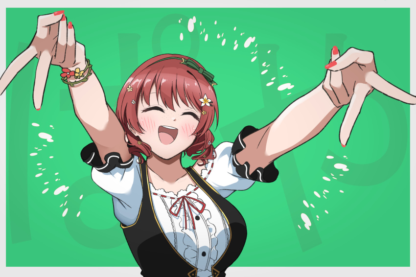 1girl, :d, ^_^, blush, border, bow_hairband, breasts, brown_hair