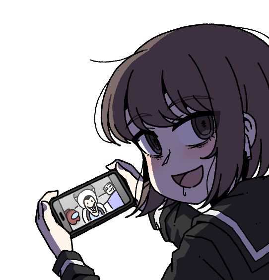 1girl, among_us, black_sailor_collar, black_shirt, brown_eyes, brown_hair, cellphone, drooling