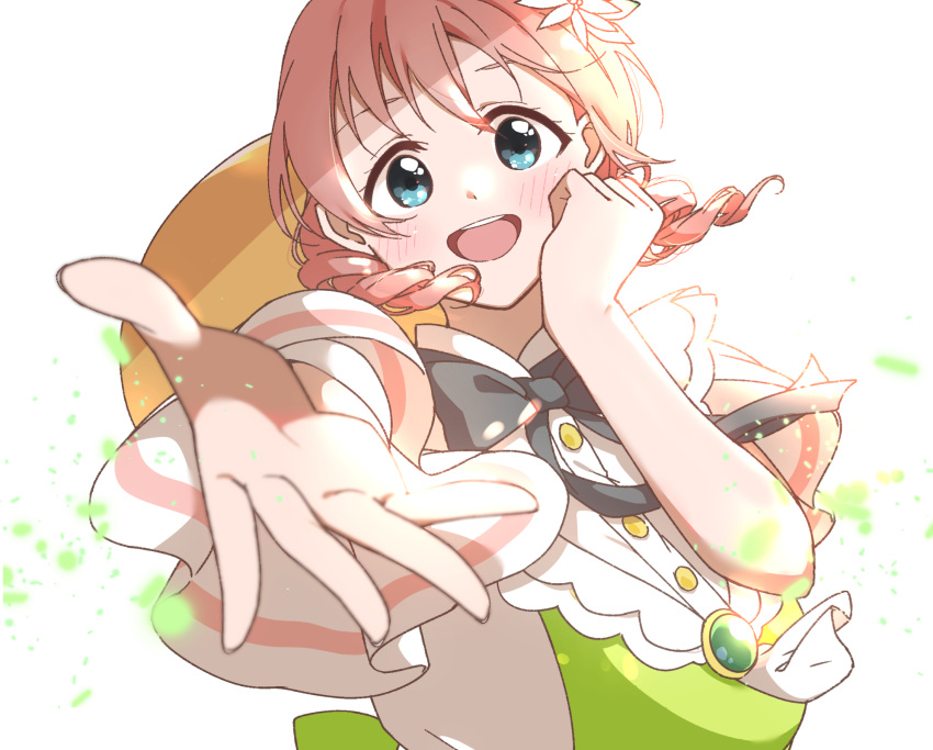 1girl, :d, black_bow, black_bowtie, blue_eyes, blurry, blurry_foreground, blush