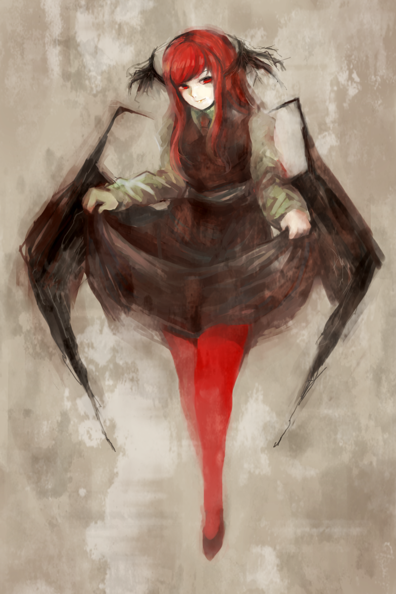 bad_id, bat_wings, curtsey, dress, dress_lift, head_wings, highres, koakuma, long_hair, mgn0isi, pantyhose, red_eyes, red_hair, red_legwear, red_pantyhose, redhead, solo, the_embodiment_of_scarlet_devil, touhou, wings