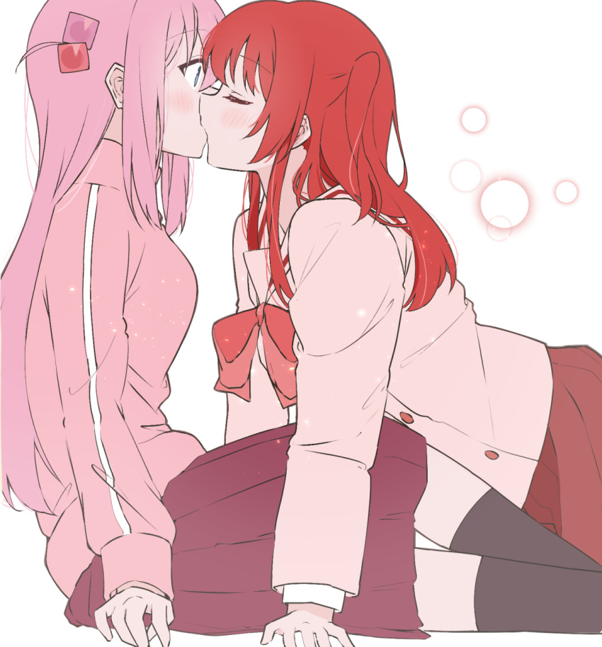 2girls, arm_support, black_socks, blue_eyes, blush, bocchi_the_rock!, bow, breasts