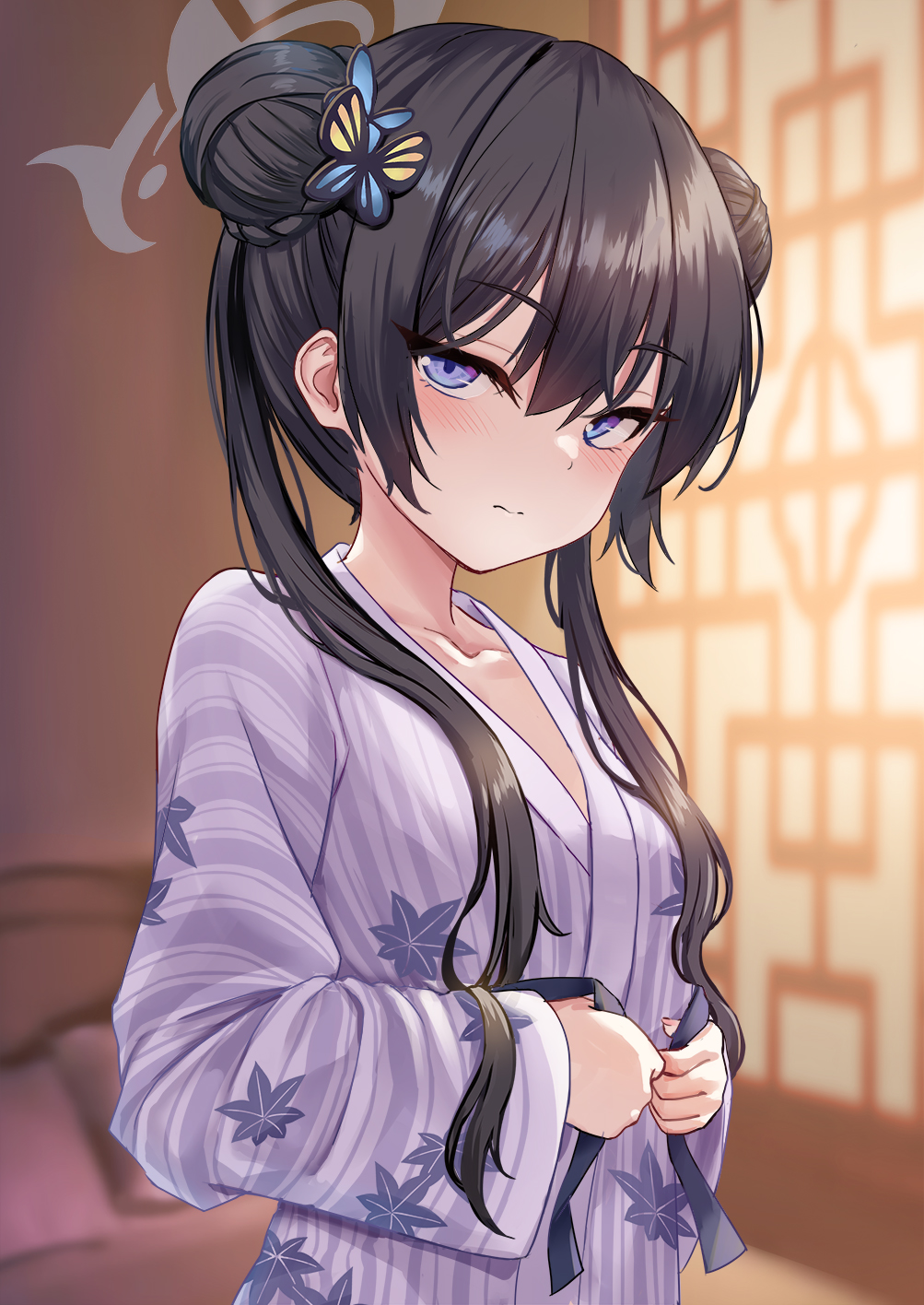1girl, black_hair, blue_archive, blue_eyes, blush, breasts, chinese_commentary, closed_mouth