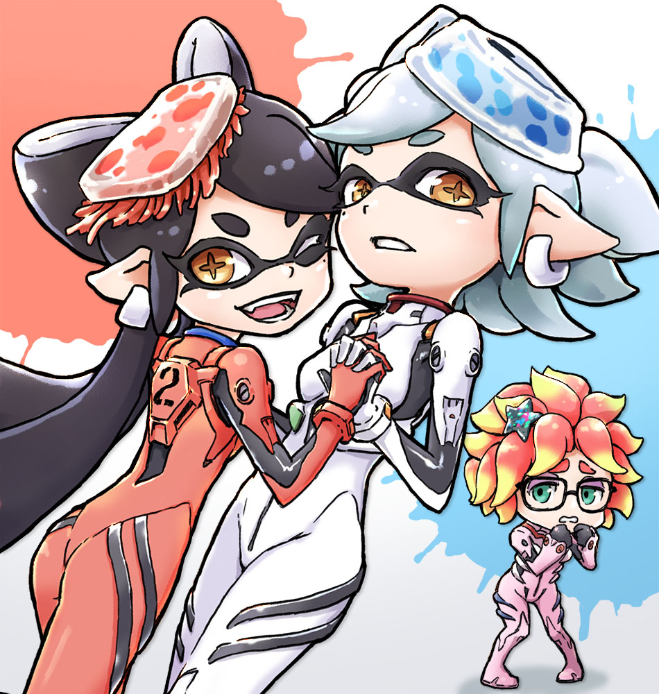 3girls, alternate_costume, annie_(splatoon), ayanami_rei, ayanami_rei_(cosplay), bodysuit, callie_(splatoon), cosplay