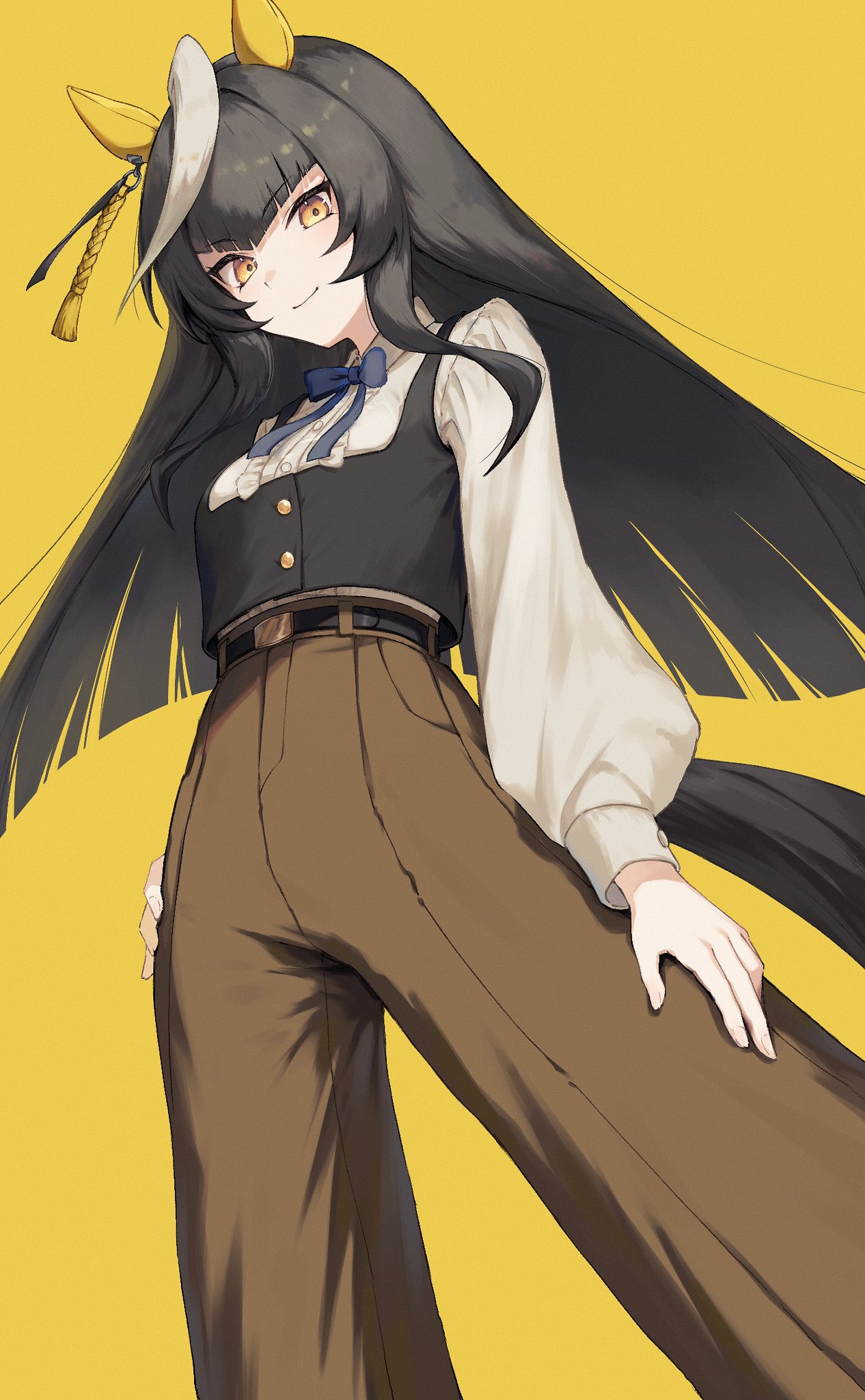 1girl, animal_ears, belt, black_hair, black_vest, bow, bowtie, breasts